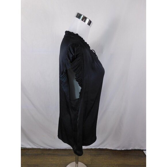 Current Air Blouse Womens XL Black Ruffle Flutter Sleeve Tie Neck Satin Pleated - Picture 7 of 12
